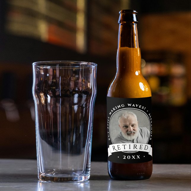 Rustic Black And White Retire Man Grandpa Photo Beer Bottle Label (Creator Uploaded)