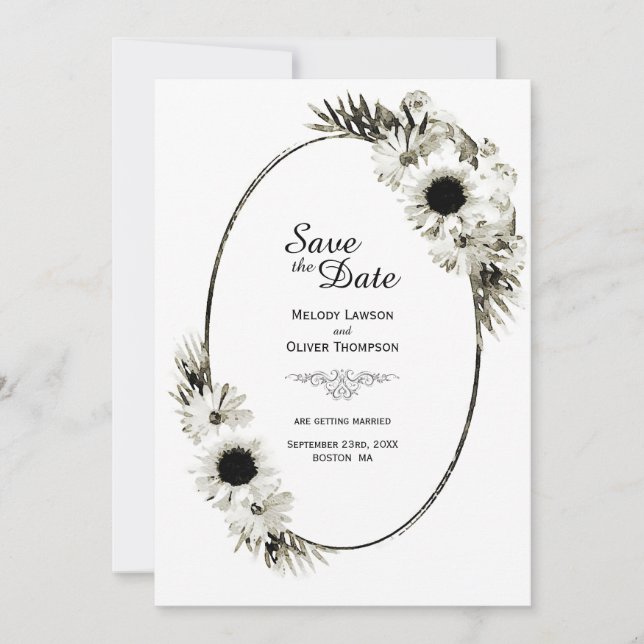 Rustic Black and White Sunflower Floral Wedding Save The Date (Front)