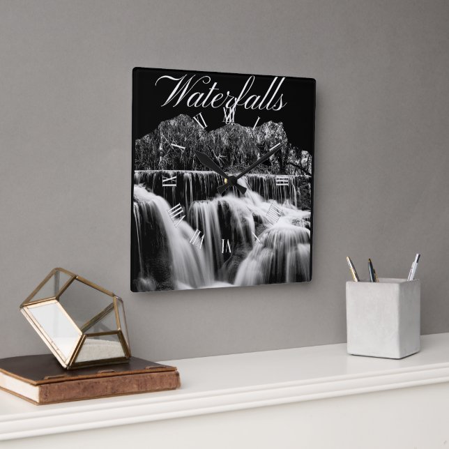 Rustic Black and White Waterfall  Square Wall Clock (Office)