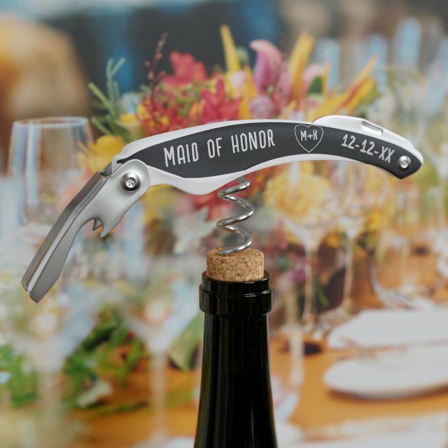 Rustic Black and White Wedding Party Favor Corkscrew (Something useful for your Maid of Honor or any member of your bridal party. Add their name and date)