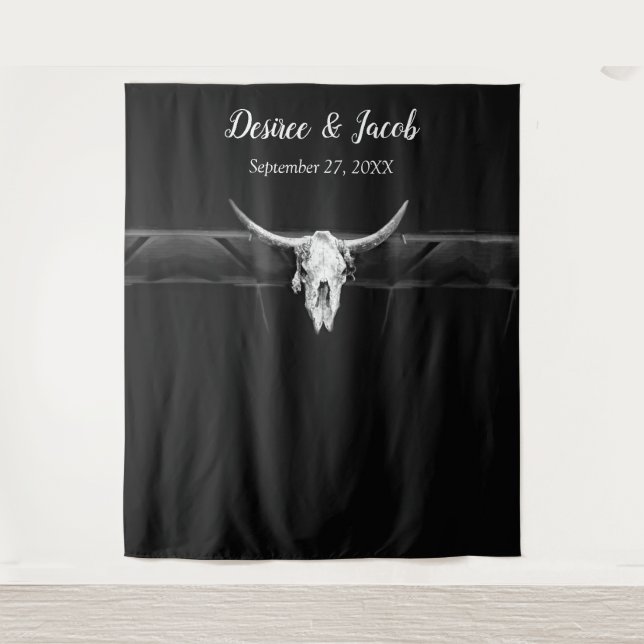 Rustic Black And White Western Bull Skull Backdrop Tapestry (Front)
