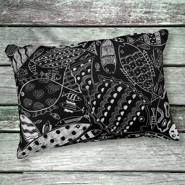 Rustic Black And White Whimsical Fish Pattern  Decorative Cushion (Creator Uploaded)