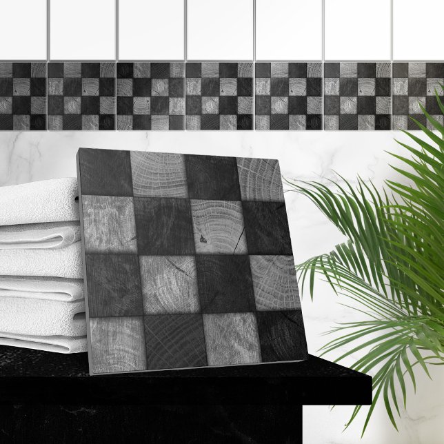 Rustic Black and White Wood Square Mosaic Art Ceramic Tile (Creator Uploaded)