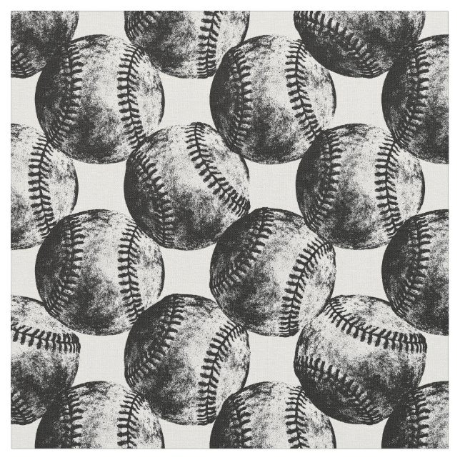 Rustic Black Baseballs Messy Ink Style Baseball Fabric (Close Up)