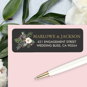 Rustic Black Boho Floral Feather Wedding Return Address Label