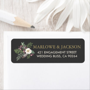 Rustic Black Boho Floral Feather Wedding Return Address Label