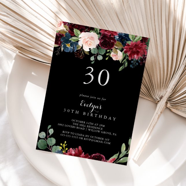 Rustic Black Botanical 30th Birthday Party Invitation (Creator Uploaded)