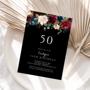 Rustic Black Botanical 50th Birthday Party  Invitation