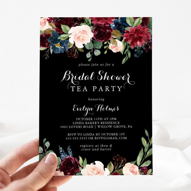 Rustic Black Botanical Bridal Shower Tea Party  Invitation (Creator Uploaded)