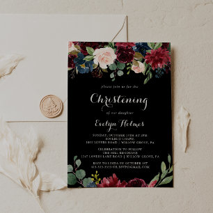 Rustic Black Botanical Christening  Invitation