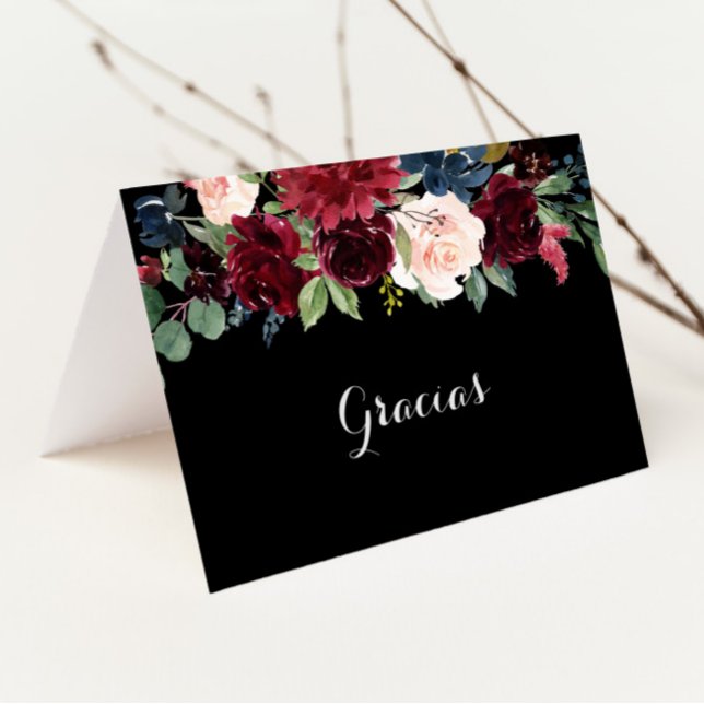 Rustic Black Botanical Folded Wedding Gracias Card (Creator Uploaded)