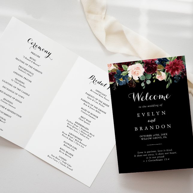 Rustic Black Botanical Folded Wedding Program (Creator Uploaded)