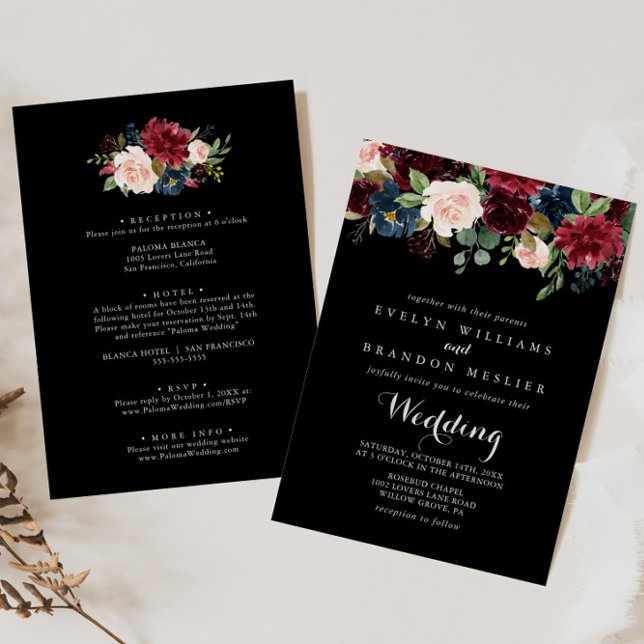 Rustic Black Botanical Front & Back Wedding Invitation (Creator Uploaded)