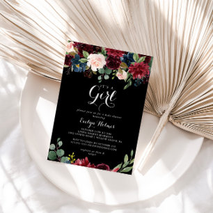 Rustic Black Botanical It's A Girl Baby Shower  Invitation