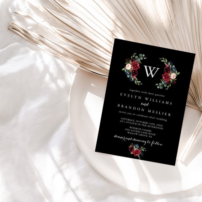 Rustic Black Botanical Monogram Wedding  Invitation (Creator Uploaded)