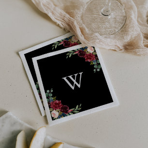 Rustic Black Botanical Monogram Wedding  Napkin