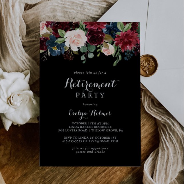 Rustic Black Botanical Retirement Party Invitation (Creator Uploaded)