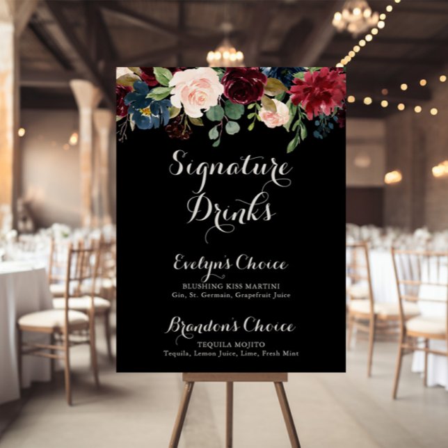 Rustic Black Botanical Signature Drinks Sign (Creator Uploaded)