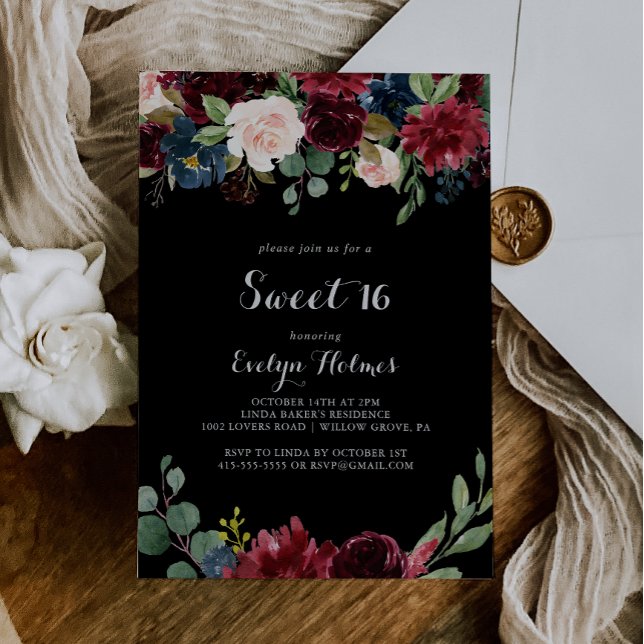 Rustic Black Botanical Sweet 16 Birthday Party  Invitation (Creator Uploaded)