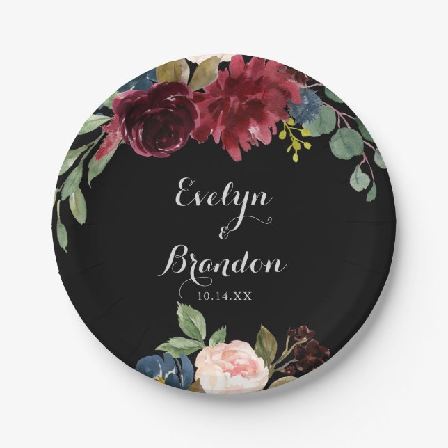 Rustic Black Botanical Wedding Cake  Paper Plate (Front)
