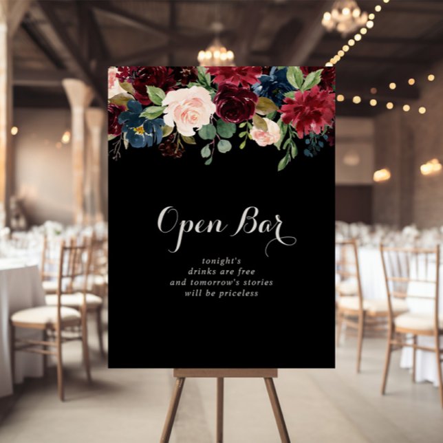 Rustic Black Botanical Wedding Open Bar Sign (Creator Uploaded)