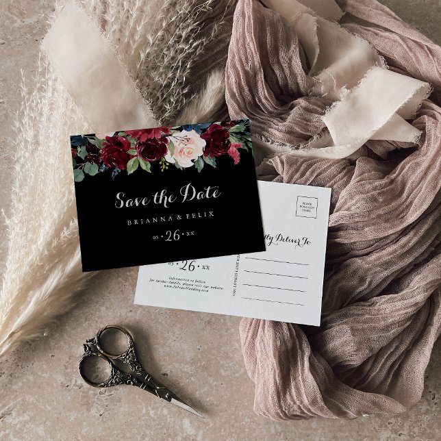 Rustic Black Botanical Wedding Save the Date  Postcard (Creator Uploaded)