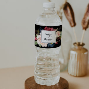 Rustic Black Botanical Wedding  Water Bottle Label