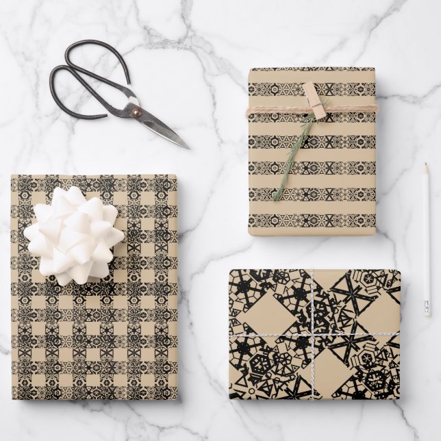 Rustic black brown kraft plaid & stripes lace wrapping paper sheet (Front)