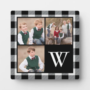 Rustic Black Buffalo Check Monogram Photo Collage  Plaque