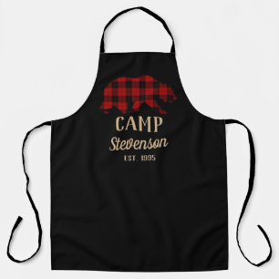 Rustic Black Buffalo Plaid Bear Family Camp Apron