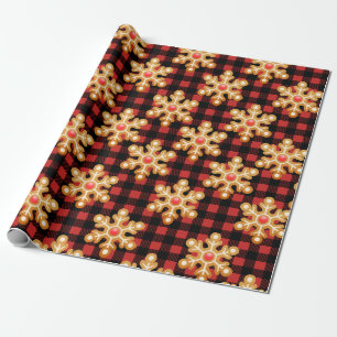 Rustic Black Buffalo Plaid & Gingerbread Snowflake Wrapping Paper