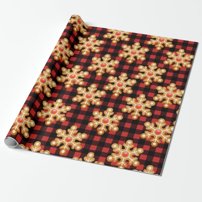 Rustic Black Buffalo Plaid & Gingerbread Snowflake Wrapping Paper (Unrolled)