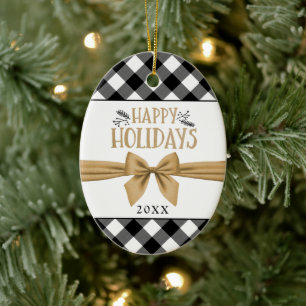 Rustic Black Buffalo Plaid HAPPY HOLIDAYS Photo Ceramic Ornament