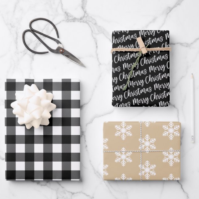 Rustic Black Buffalo Plaid Merry Christmas Pattern Wrapping Paper Sheet (Front)