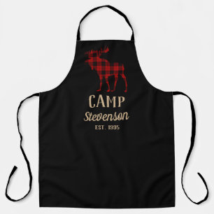 Rustic Black Buffalo Plaid Moose Family Camp Apron