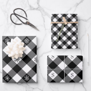 Rustic Black Buffalo Plaid Snowflake Monogram Wrapping Paper Sheet