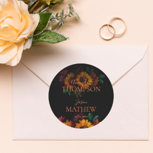 Rustic Black Burnt Orange Pretty Floral Wedding  Classic Round Sticker