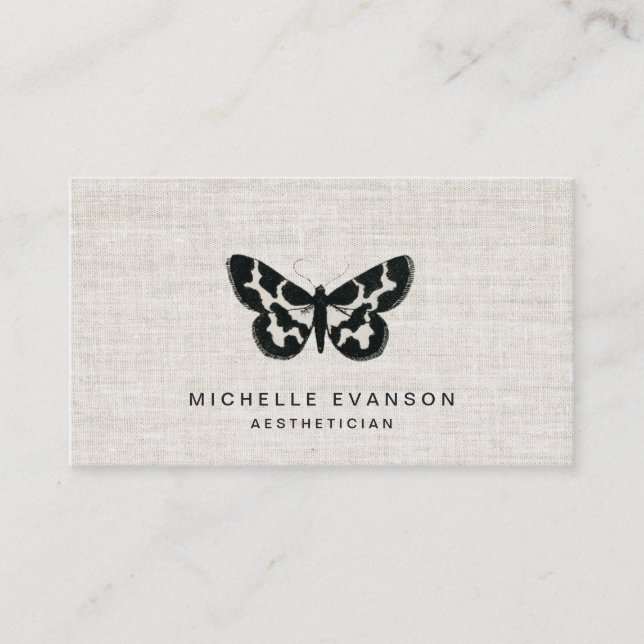 Rustic Black Butterfly Logo on Elegant Linen Business Card (Front)