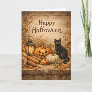Rustic Black Cat Corn Halloween Card