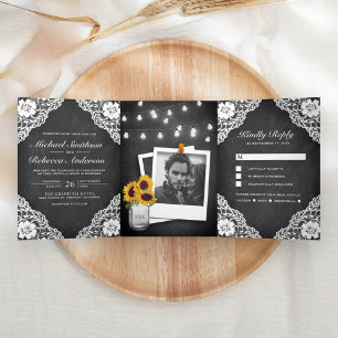Rustic Black Chalkboard Lace String Lights Wedding Tri-Fold Invitation