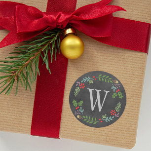 Rustic Black Chalkboard Monogram Holiday Wreath Classic Round Sticker
