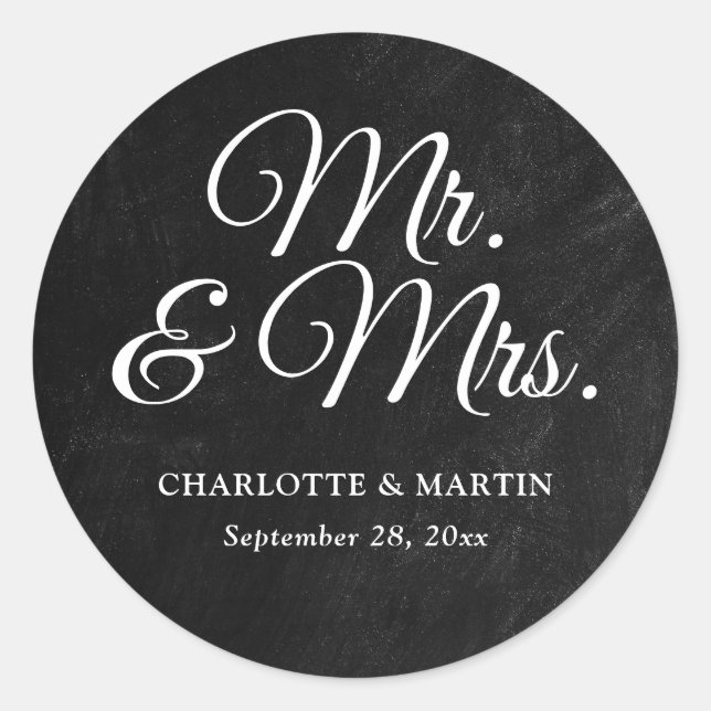 Rustic Black Chalkboard Mr and Mrs Wedding Classic Round Sticker (Front)