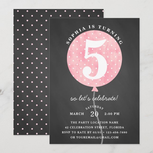 Rustic Black Chalkboard Pink Balloon Girl Birthday Invitation (Front/Back)