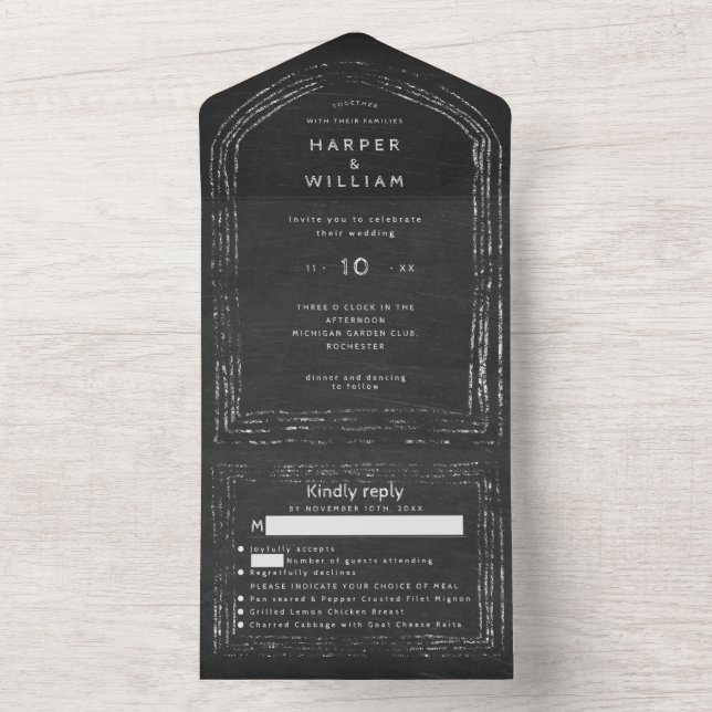 Rustic black chalkboard rsvp attached wedding all in one invitation (Inside)