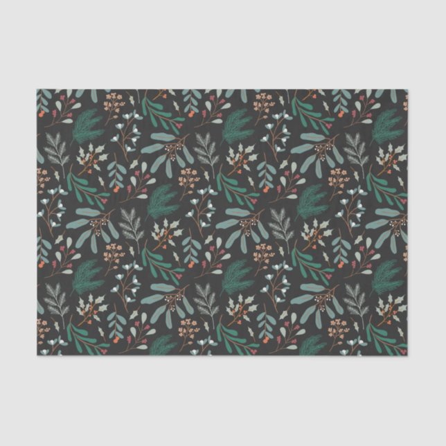 Rustic Black Christmas Foliage Pattern Tissue Paper (Front)