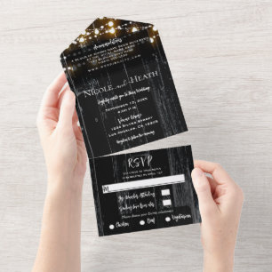 Rustic Black Dark Barn Wood & Lights Wedding All In One Invitation