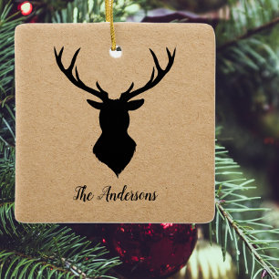 Rustic Black Deer   Kraft   Family Name Ceramic Ornament