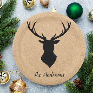 Rustic Black Deer   Kraft   Family Name Paper Plate