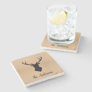 Rustic Black Deer   Kraft   Family Name Stone Coaster