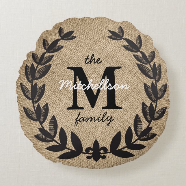 Rustic Black Etched Fleur-de-Lis Laurels Round Cushion (Front)